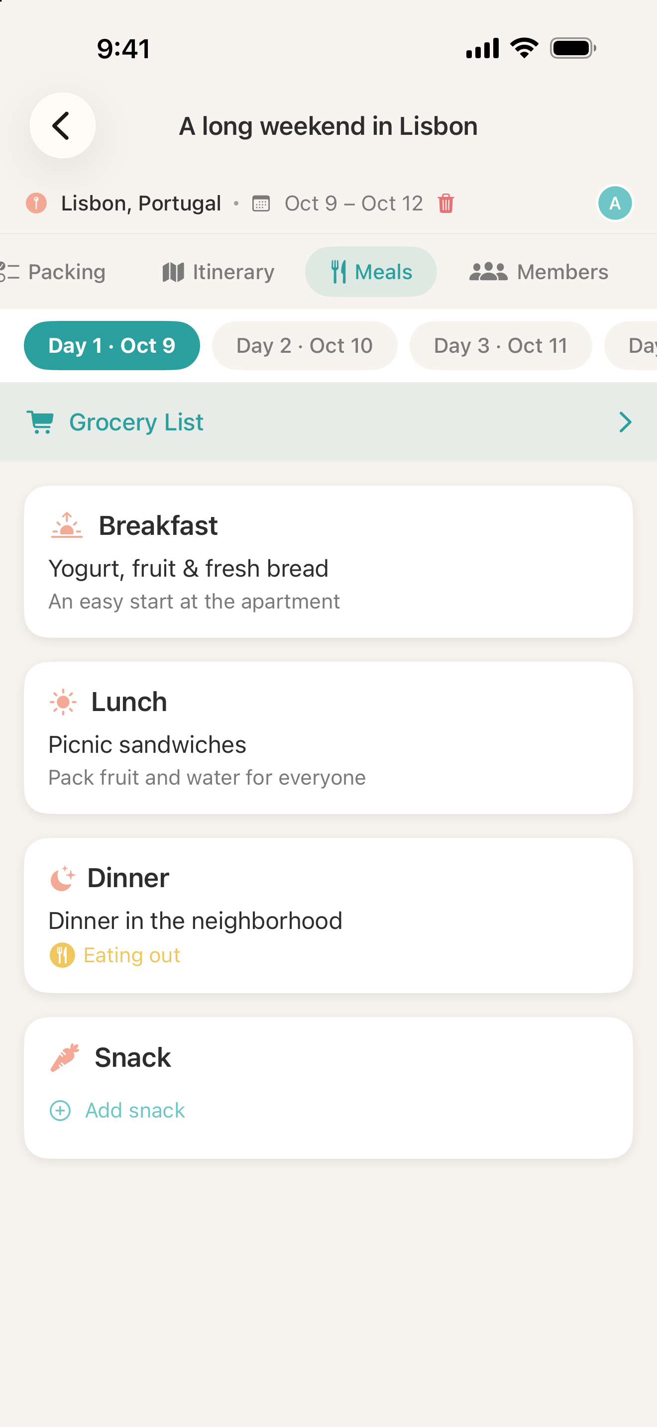Breakfast, lunch, and dinner in the meal planner