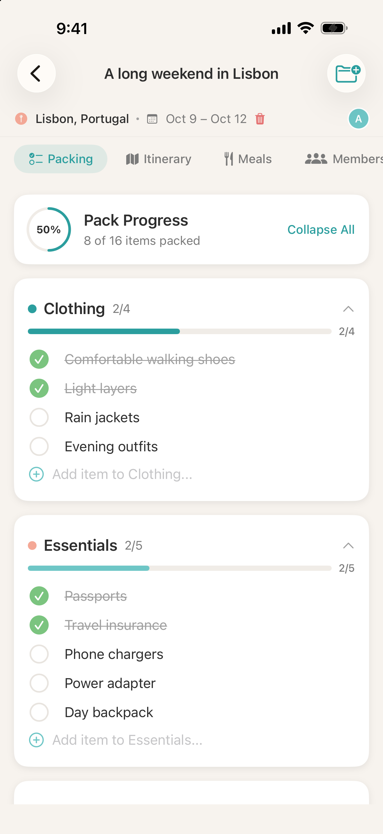 GoPakd packing list with essentials, clothing, and items for the kids